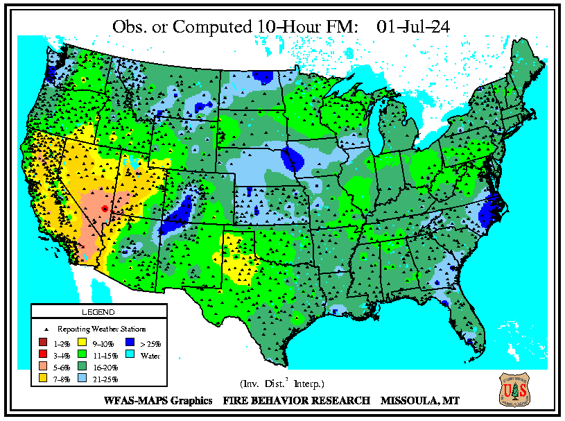 WFAS 10-Hour Fuel Moisture - Observed / Computed (click left or right to view the Forecast 10-Hour Fuel Moisture)